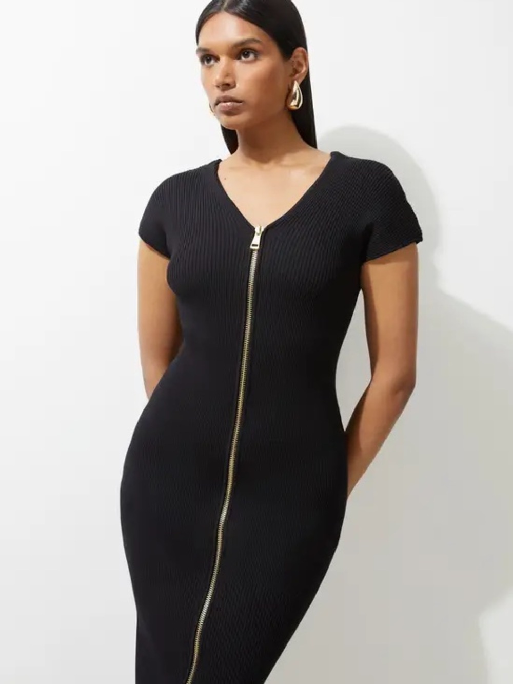 Express Black Ribbed Mini Dress with Gold Zip XS